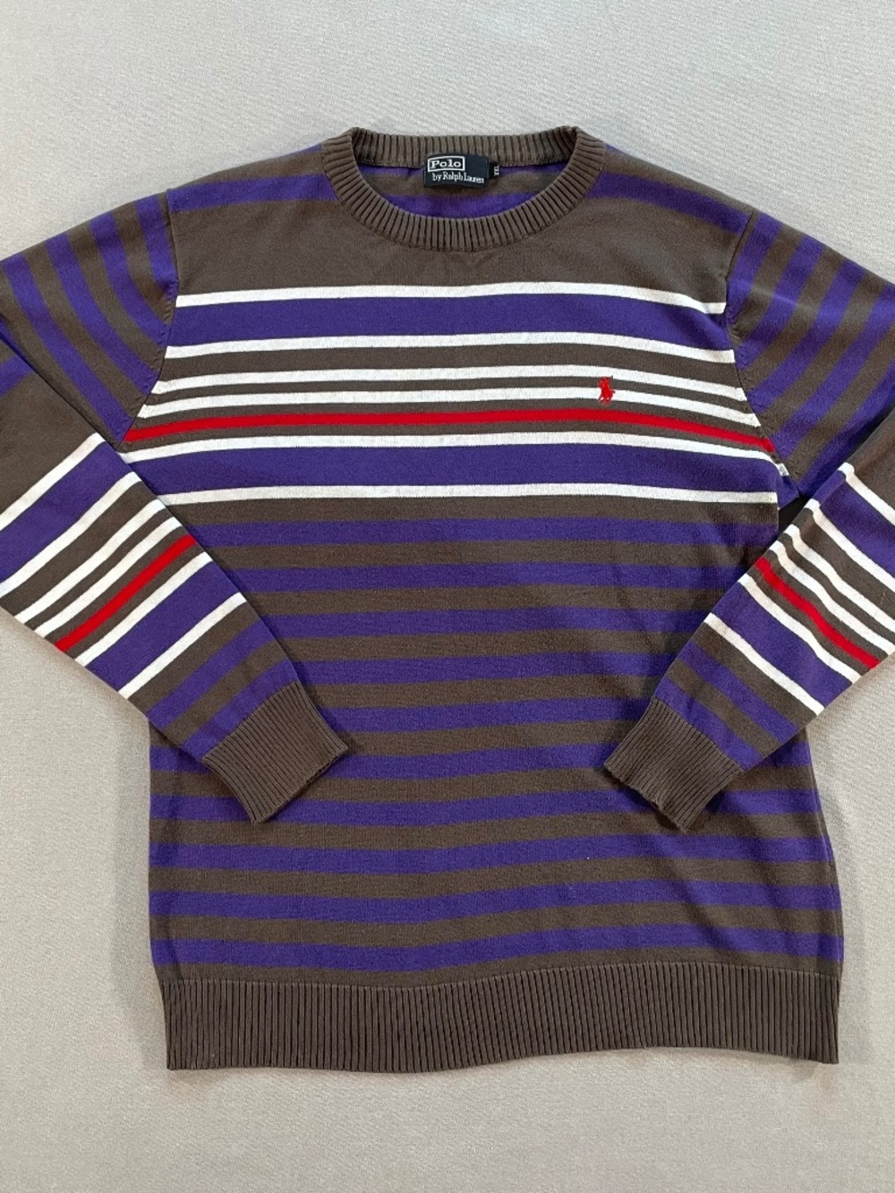 Polo Ralph Lauren Kids XXL Striped Sweater Purple Brown Crewneck Knit Jumper